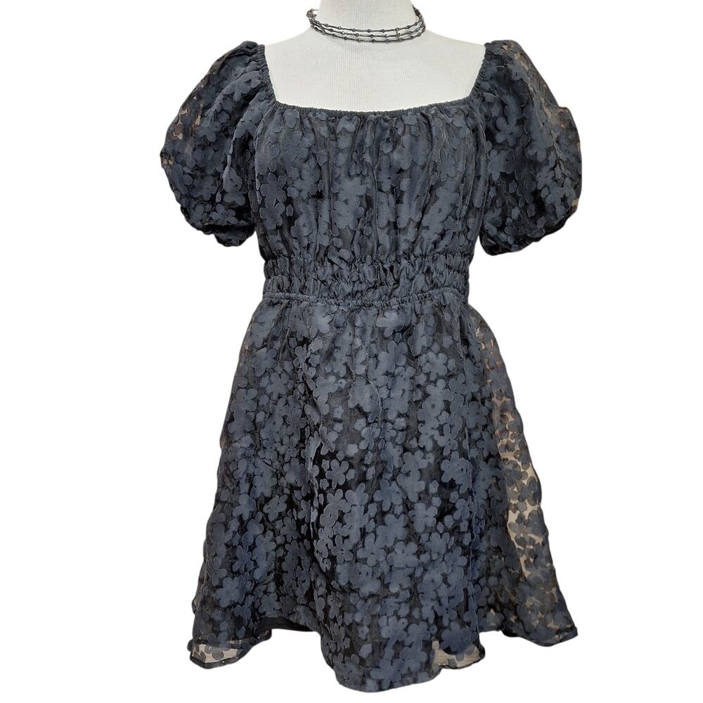 Altar'd state Floral Overlay Puff sleeve milkmaid style mini dress black lined M
